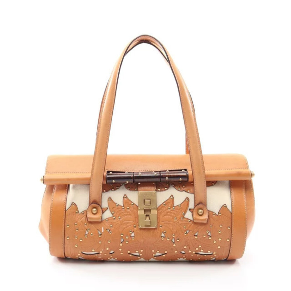 Gucci Flower Carving Handbag Canvas Leather White Brown